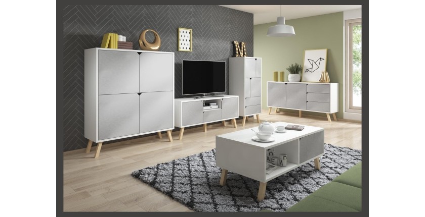 Vaisselier design AOMORI 2 tiroirs, 4 portes, coloris blanc et gris mat