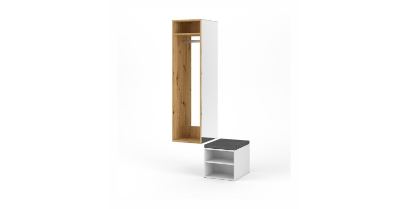 Ensemble d'entrée design SMART : meuble à chaussure et penderie avec miroir, coloris chêne naturel et blanc mat