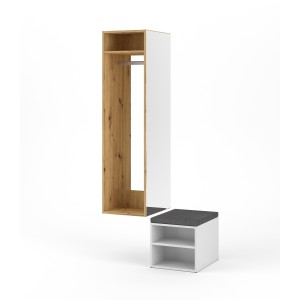 Ensemble d'entrée design SMART : meuble à chaussure et penderie avec miroir, coloris chêne naturel et blanc mat