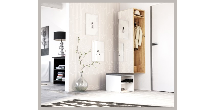 Ensemble d'entrée design SMART : meuble à chaussure et penderie avec miroir, coloris chêne naturel et blanc mat