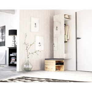 Ensemble d'entrée design SMART : meuble à chaussure et penderie avec miroir, coloris blanc mat et chêne naturel