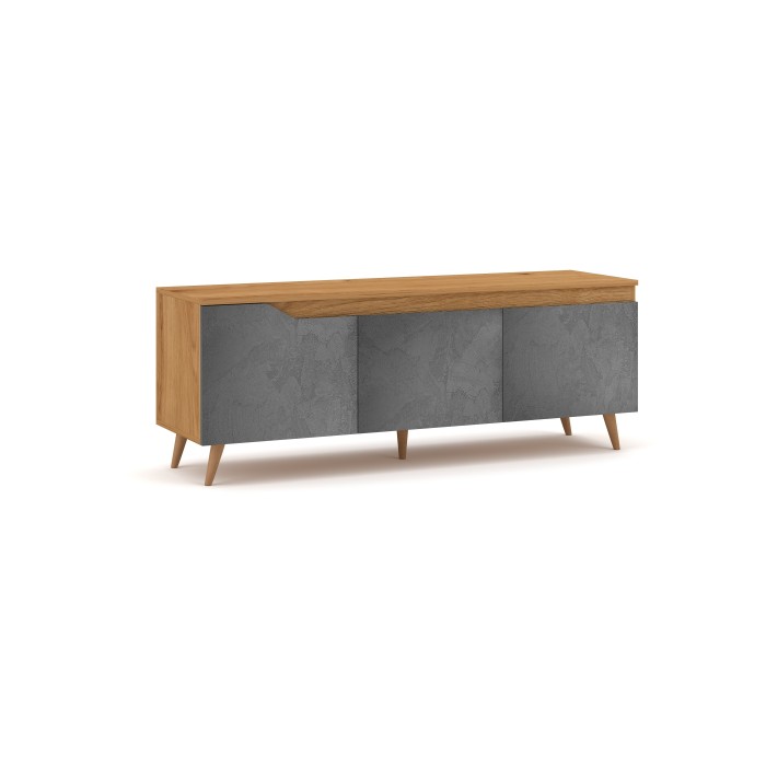 Meuble TV scandinave TUEW 140cm, 3 portes, coloris chêne et graphite.