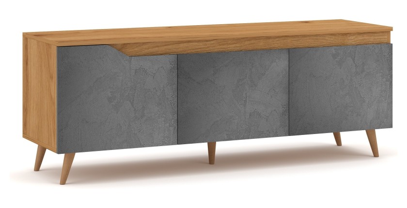 Meuble TV scandinave TUEW 140cm, 3 portes, coloris chêne et graphite.