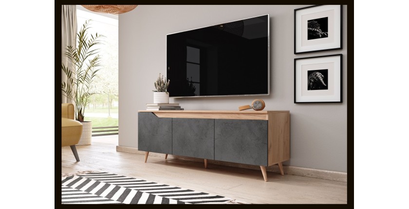 Meuble TV scandinave TUEW 140cm, 3 portes, coloris chêne et graphite.