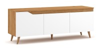 Meuble TV scandinave TUEW 140cm, 3 portes, coloris chêne et blanc mat.