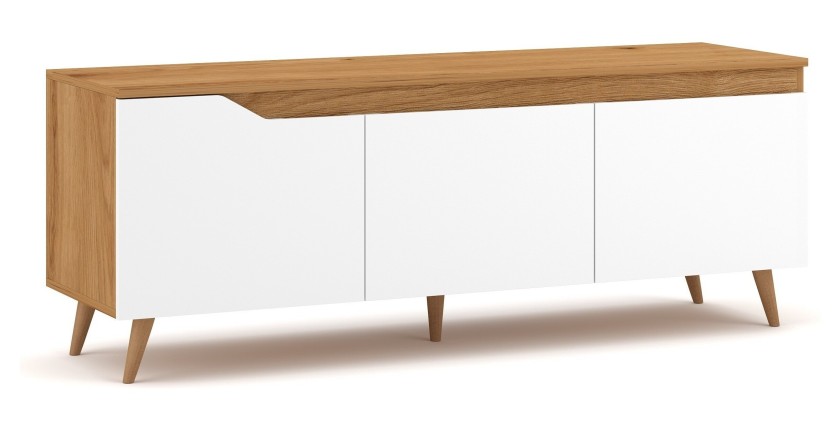 Meuble TV scandinave TUEW 140cm, 3 portes, coloris chêne et blanc mat.