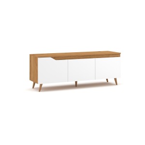 Meuble TV scandinave TUEW 140cm, 3 portes, coloris chêne et blanc mat.
