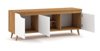 Meuble TV scandinave TUEW 140cm, 3 portes, coloris chêne et blanc mat.