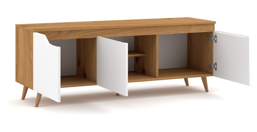 Meuble TV scandinave TUEW 140cm, 3 portes, coloris chêne et blanc mat.