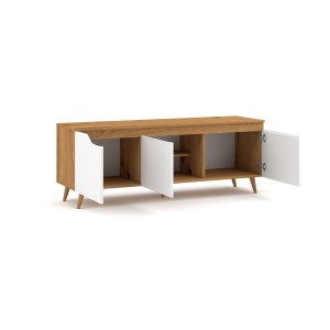 Meuble TV scandinave TUEW 140cm, 3 portes, coloris chêne et blanc mat.