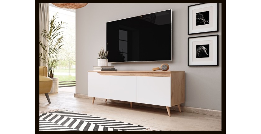 Meuble TV scandinave TUEW 140cm, 3 portes, coloris chêne et blanc mat.