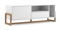 Meuble TV design GEILO, 140cm, 2 portes, coloris blanc mat et hêtre.