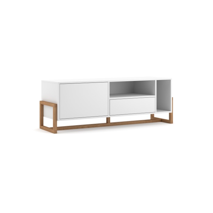 Meuble TV design GEILO, 140cm, 2 portes, coloris blanc mat et hêtre.