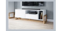 Meuble TV design GEILO, 140cm, 2 portes, coloris blanc mat et hêtre.