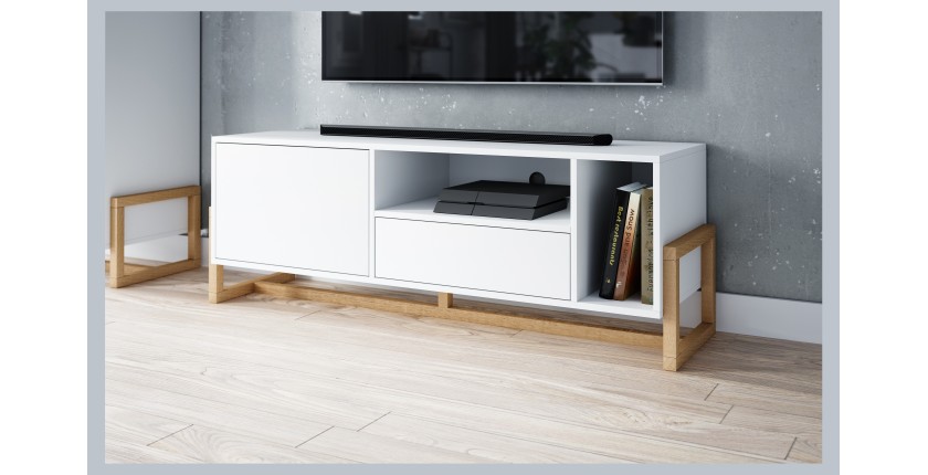 Meuble TV design GEILO, 140cm, 2 portes, coloris blanc mat et hêtre.
