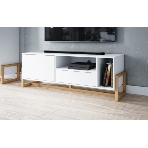 Meuble TV design GEILO, 140cm, 2 portes, coloris blanc mat et hêtre.