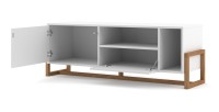 Meuble TV design GEILO, 140cm, 2 portes, coloris blanc mat et hêtre.