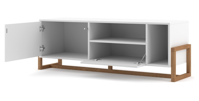 Meuble TV design GEILO, 140cm, 2 portes, coloris blanc mat et hêtre.