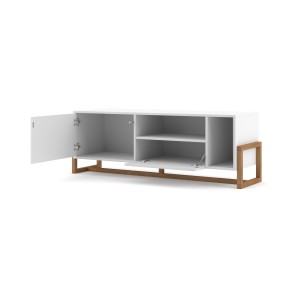 Meuble TV design GEILO, 140cm, 2 portes, coloris blanc mat et hêtre.