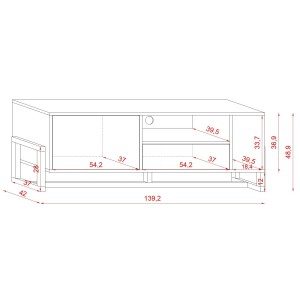 Meuble TV design GEILO, 140cm, 2 portes, coloris blanc mat et hêtre.