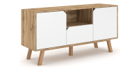 Meuble TV design AOMORI, 140cm, 2 portes, 1 tiroir et 1 niche, coloris hêtre et blanc.
