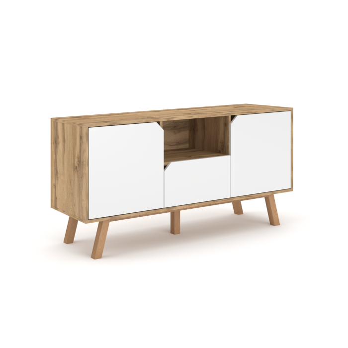 Meuble TV design AOMORI, 140cm, 2 portes, 1 tiroir et 1 niche, coloris hêtre et blanc.