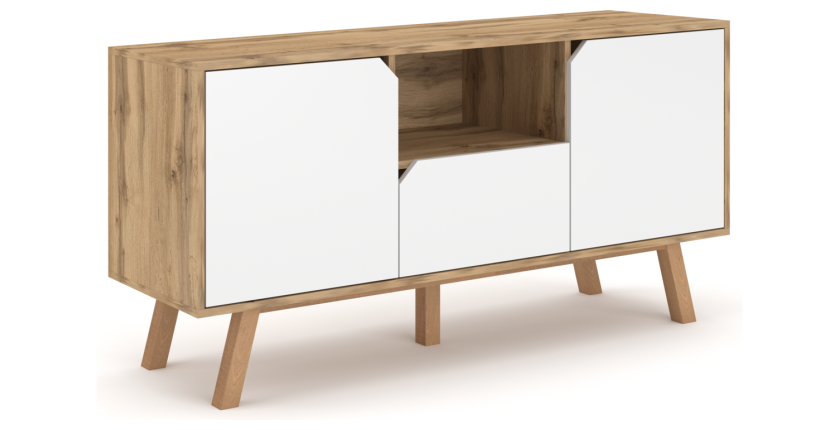 Meuble TV design AOMORI, 140cm, 2 portes, 1 tiroir et 1 niche, coloris hêtre et blanc.