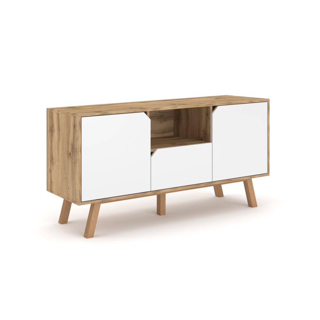 Meuble TV design AOMORI, 140cm, 2 portes, 1 tiroir et 1 niche, coloris hêtre et blanc.