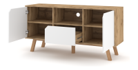 Meuble TV design AOMORI, 140cm, 2 portes, 1 tiroir et 1 niche, coloris hêtre et blanc.