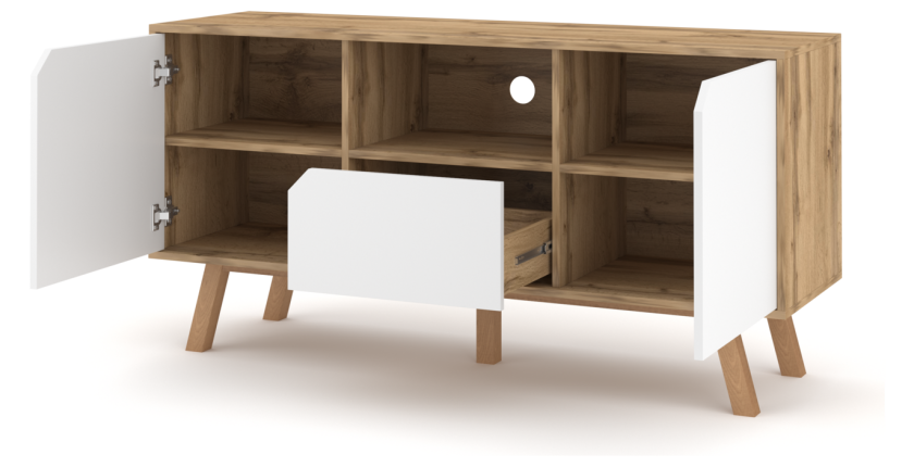 Meuble TV design AOMORI, 140cm, 2 portes, 1 tiroir et 1 niche, coloris hêtre et blanc.