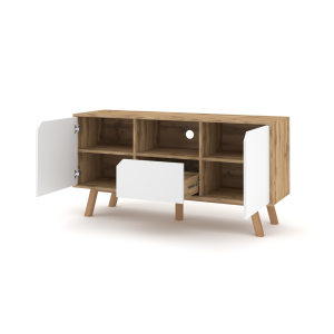 Meuble TV design AOMORI, 140cm, 2 portes, 1 tiroir et 1 niche, coloris hêtre et blanc.