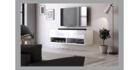 Meuble TV suspendu design CLUJ, 100 cm, 1 porte et 2 niches, coloris blanc et blanc brillant.