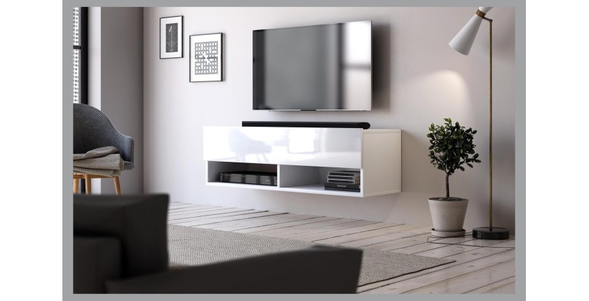 Meuble TV suspendu design CLUJ, 100 cm, 1 porte et 2 niches, coloris blanc et blanc brillant.