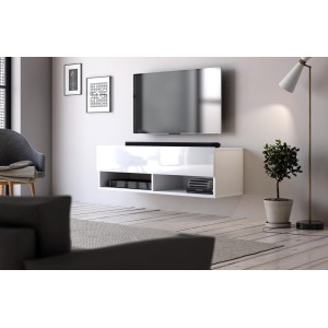 Meuble TV suspendu design CLUJ, 100 cm, 1 porte et 2 niches, coloris blanc et blanc brillant.
