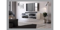 Meuble TV suspendu design CLUJ, 100 cm, 1 porte et 2 niches, coloris blanc et blanc brillant.
