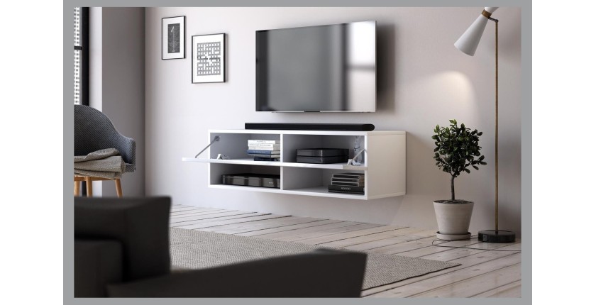 Meuble TV suspendu design CLUJ, 100 cm, 1 porte et 2 niches, coloris blanc et blanc brillant.