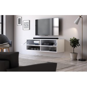 Meuble TV suspendu design CLUJ, 100 cm, 1 porte et 2 niches, coloris blanc et blanc brillant.
