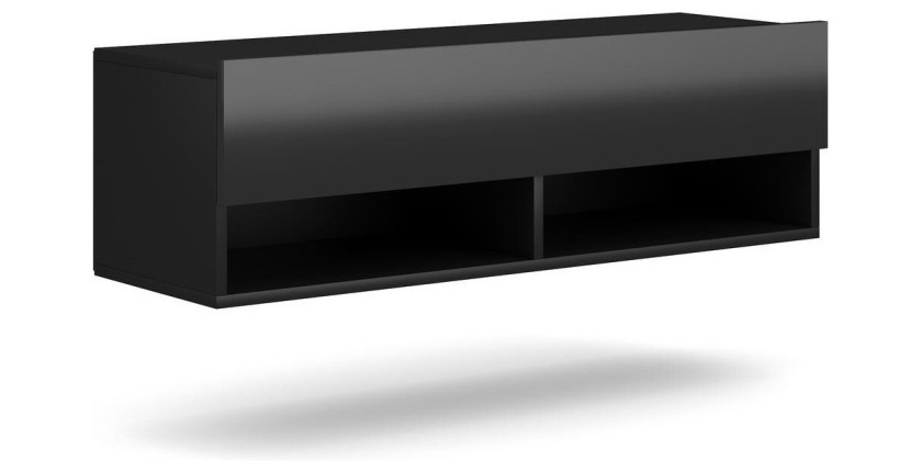 Meuble TV suspendu design CLUJ, 100 cm, 1 porte et 2 niches, coloris noir et noir brillant.