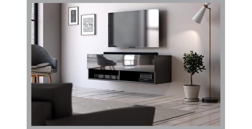 Meuble TV suspendu design CLUJ, 100 cm, 1 porte et 2 niches, coloris noir et noir brillant.