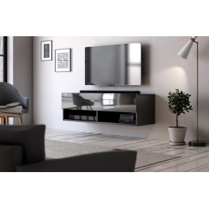 Meuble TV suspendu design CLUJ, 100 cm, 1 porte et 2 niches, coloris noir et noir brillant.