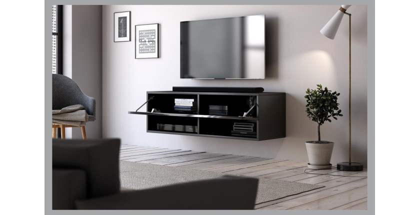 Meuble TV suspendu design CLUJ, 100 cm, 1 porte et 2 niches, coloris noir et noir brillant.