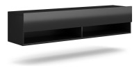 Meuble TV suspendu design CLUJ, 140 cm, 1 porte et 2 niches, coloris noir et noir brillant.