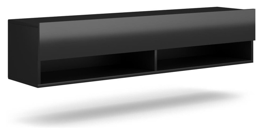 Meuble TV suspendu design CLUJ, 140 cm, 1 porte et 2 niches, coloris noir et noir brillant.