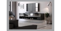 Meuble TV suspendu design CLUJ, 140 cm, 1 porte et 2 niches, coloris noir et noir brillant.