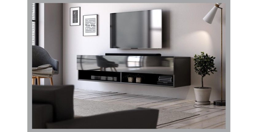 Meuble TV suspendu design CLUJ, 140 cm, 1 porte et 2 niches, coloris noir et noir brillant.