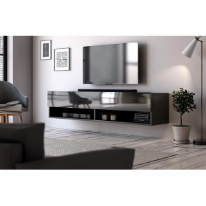 Meuble TV suspendu design CLUJ, 140 cm, 1 porte et 2 niches, coloris noir et noir brillant.