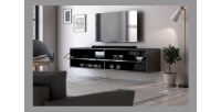 Meuble TV suspendu design CLUJ, 140 cm, 1 porte et 2 niches, coloris noir et noir brillant.