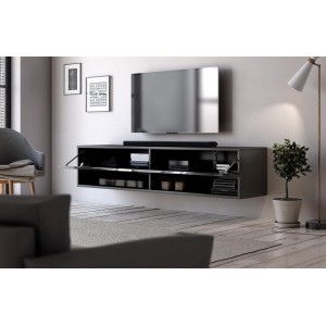Meuble TV suspendu design CLUJ, 140 cm, 1 porte et 2 niches, coloris noir et noir brillant.