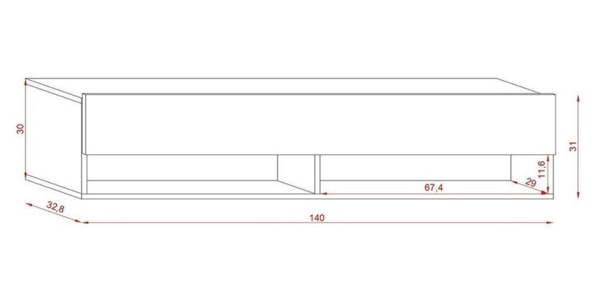 Meuble TV suspendu design CLUJ, 140 cm, 1 porte et 2 niches, coloris noir et noir brillant.