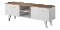 Meuble TV design EST, 140cm, 2 portes et 2 niches, coloris blanc et chêne.